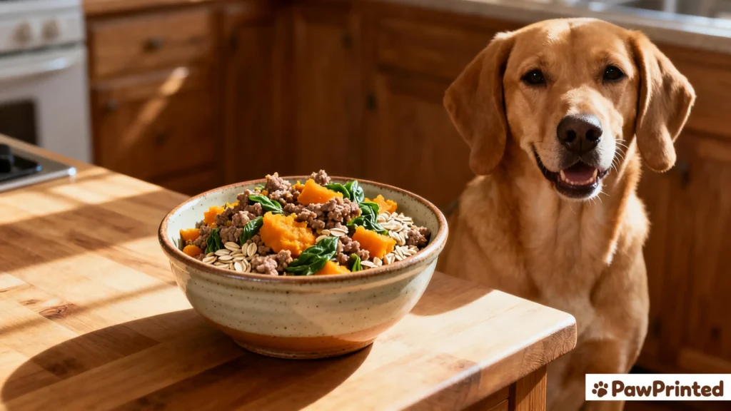 Homemade beef and pumpkin dog food for arthritis relief on wooden table with a happy light brown dog beside the bowl.