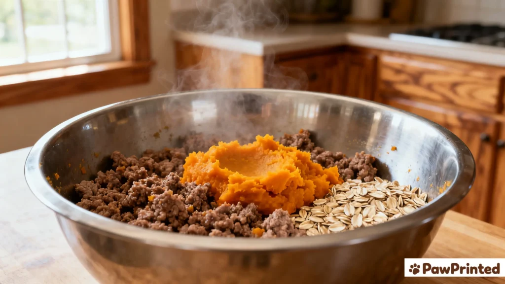 Mixing cooked beef, pumpkin, and oats together in a bowl for homemade dog food.