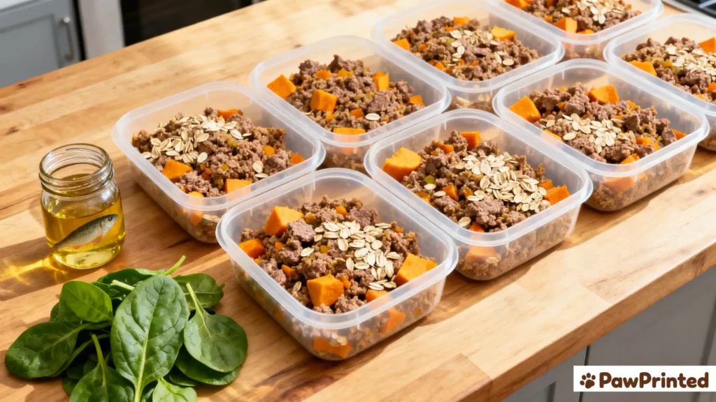 Meal-prep containers filled with beef and pumpkin dog food for joint health support.