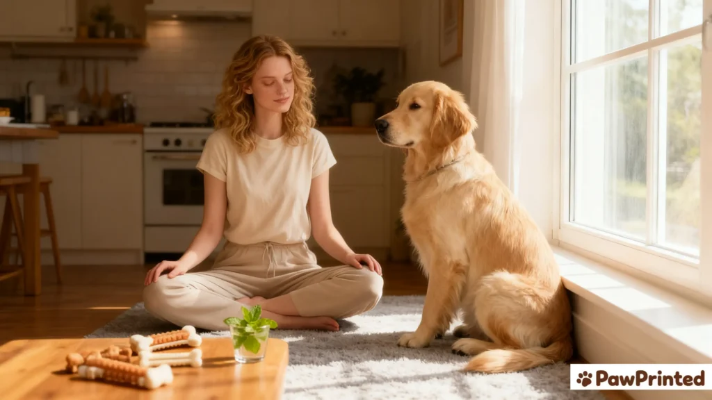 A calm kitchen morning with a happy dog beside dental chews on a wooden table.