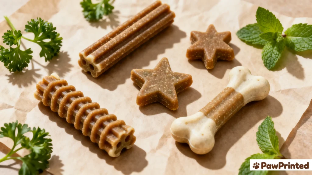Close-up flat lay showing various dental treat shapes and natural ingredients like mint and parsley.