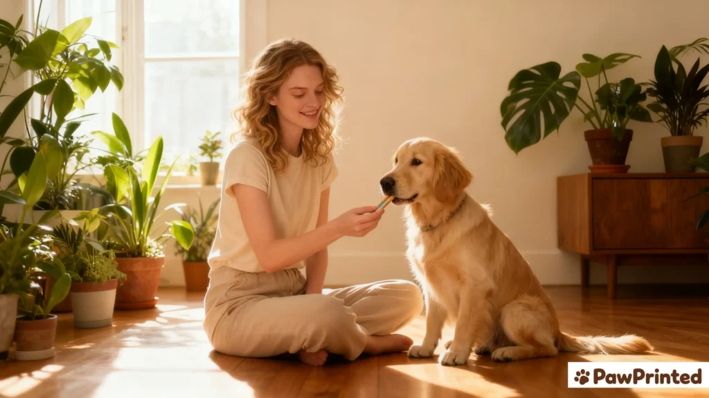 Dog owner giving her dog a dental treat in a cozy home, showing trust and happiness.