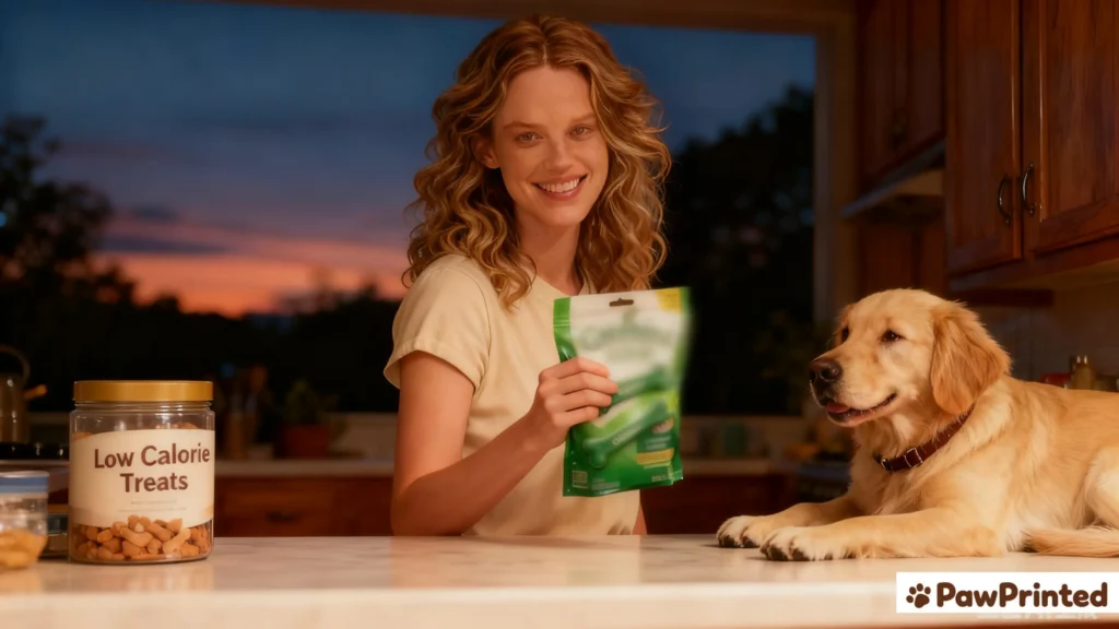 A light brown dog with floppy ears sitting beside a bowl of low calorie dog treats made with salmon, pumpkin, and oats on a wooden kitchen counter, warm natural light.
