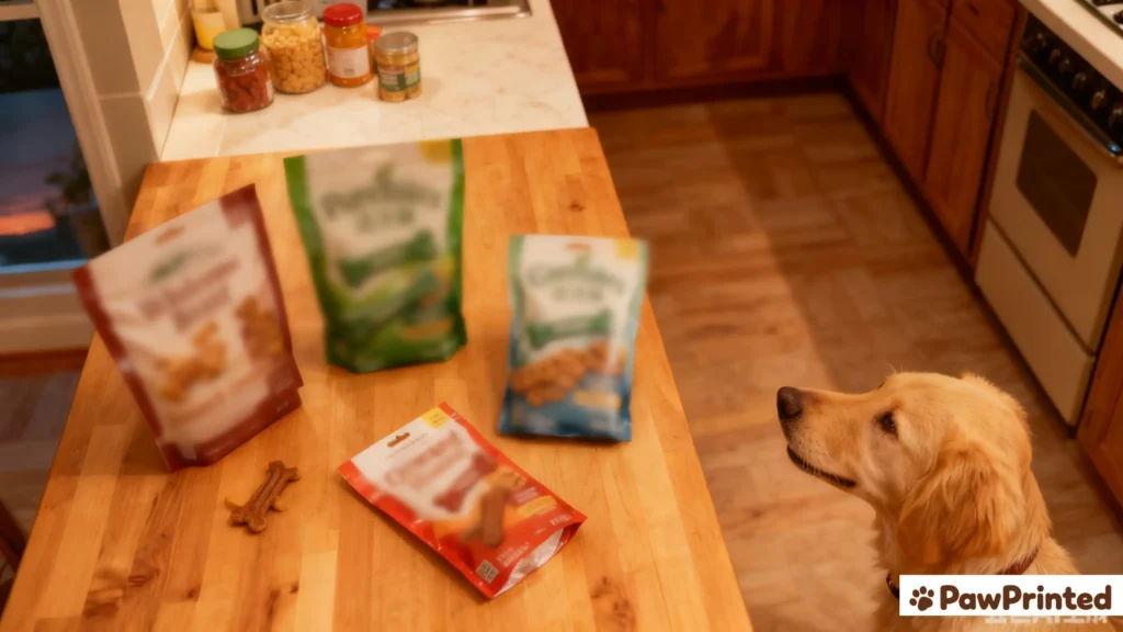 Five top-rated low calorie dog treat packages arranged neatly on a wooden table with Ethan the dog sniffing curiously, featuring natural brands and vet-approved options.
