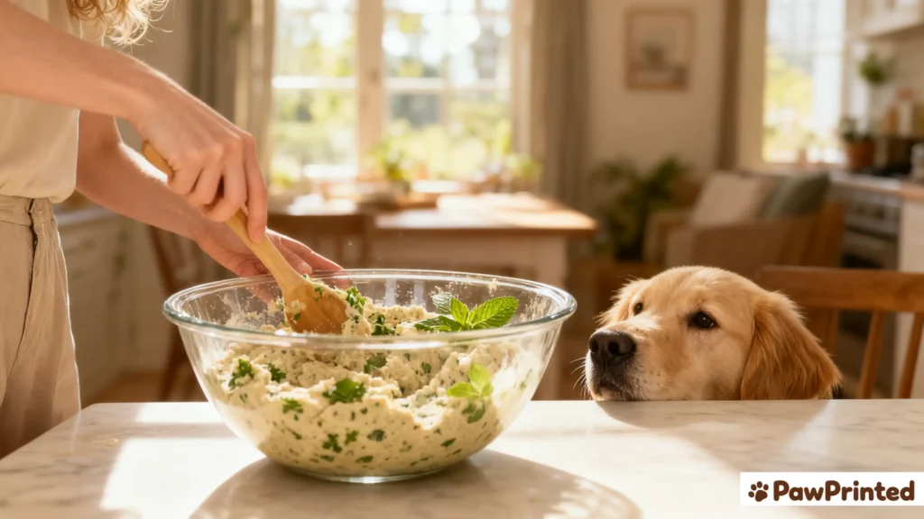 Close-up of crunchy parsley and mint dog treats with visible herbs on a cooling rack.