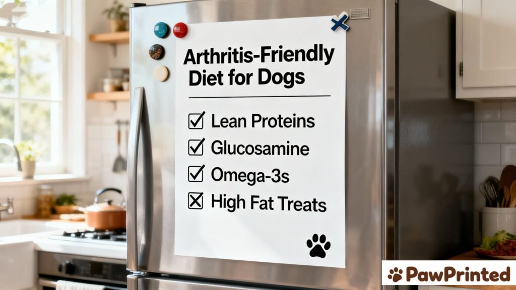 Dog with arthritis sitting beside owner Emma holding a food bowl, representing joint pain concerns.