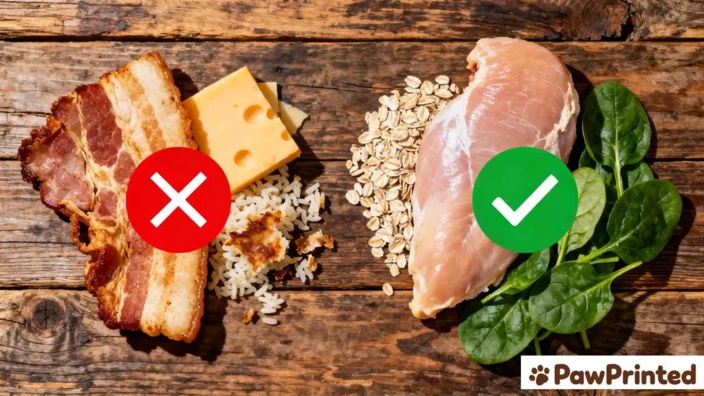 Good and bad food choices for dogs with arthritis shown in flat lay comparison.