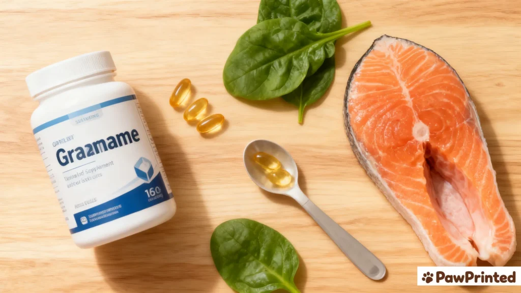 Flat lay of glucosamine, fish oil, salmon, and spinach ingredients for joint health dog food.