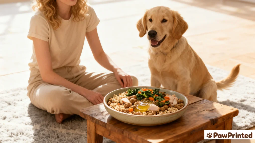 Dog food ingredients for joint health recipe with turkey, oats, spinach, carrots, and glucosamine powder.
