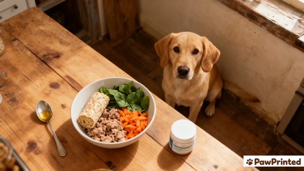 Cooking turkey and oats for homemade dog food with glucosamine in a cozy family kitchen.
