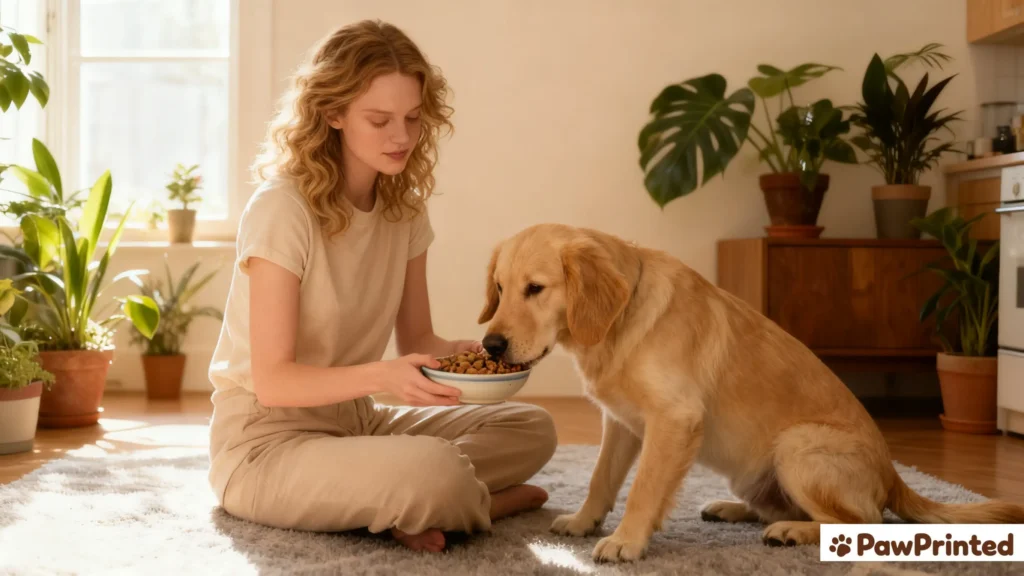 Woman feeding a light brown floppy-eared dog homemade joint health dog food with turkey and oats.
