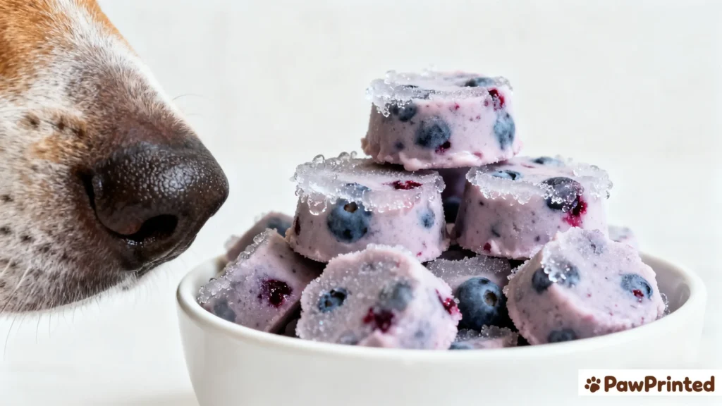 Close-up of pouring yogurt and blueberry mixture into paw-shaped silicone molds while Ethan watches in the background.
