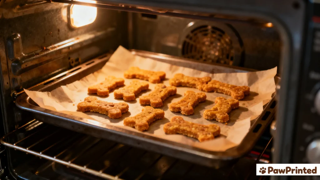 Homemade grain-free dog treats with salmon and sweet potato on a ceramic plate.