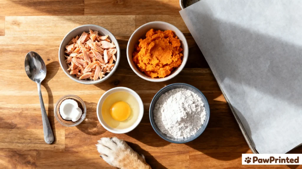Mixing salmon and mashed sweet potato for homemade dog treats.