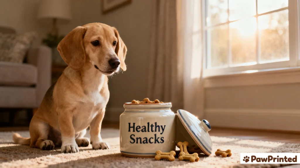 Flat lay of oat flour, pumpkin, coconut oil, and eggs arranged for making grain-free dog treats.