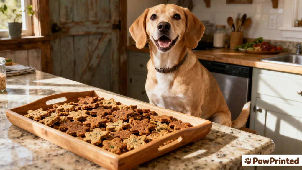 Homemade grain-free dog treats on a wooden tray with a happy light brown dog beside them in a cozy kitchen.