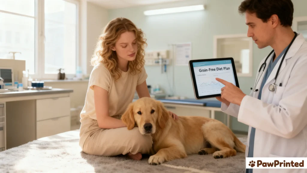 Vet explaining a grain-free diet plan to a pet owner in a bright, calm clinic environment.