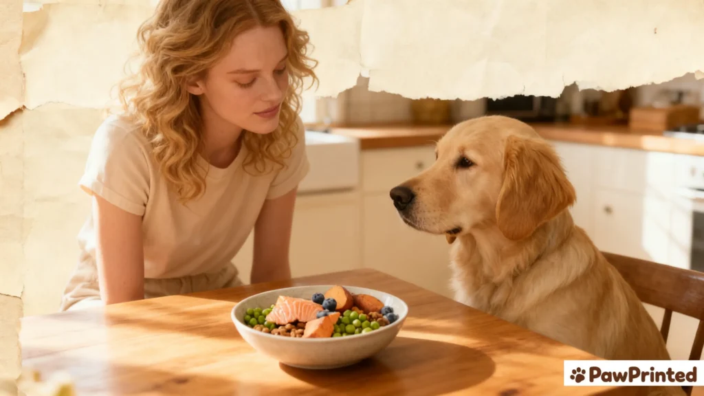 Grain-free salmon dog food in a warm kitchen scene with natural light and a happy dog nearby.
Filename: grain-free-salmon-dog-food-cover.webp