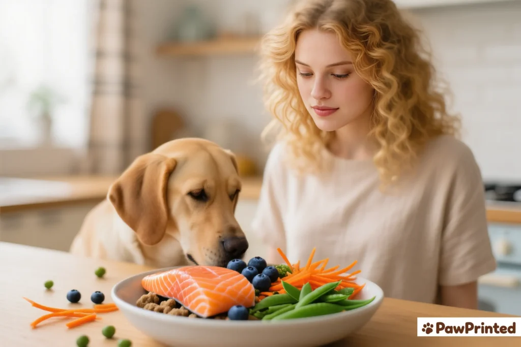 Comparison of grain-free salmon dog food and regular dog food with a dog choosing the healthier option.
Filename: grain-f