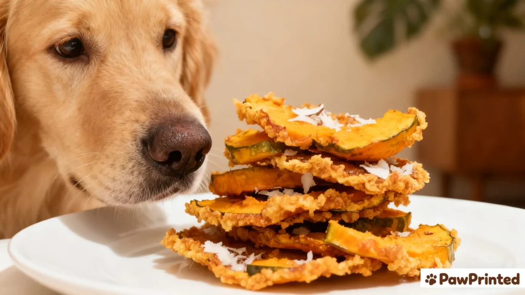Close-up of baked pumpkin and coconut dog treats with golden edges and a curious dog nearby.
