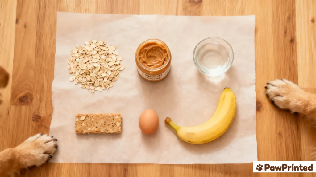 Flat lay of ingredients for homemade peanut butter and oats dog treats — peanut butter, oats, banana, egg, and water.