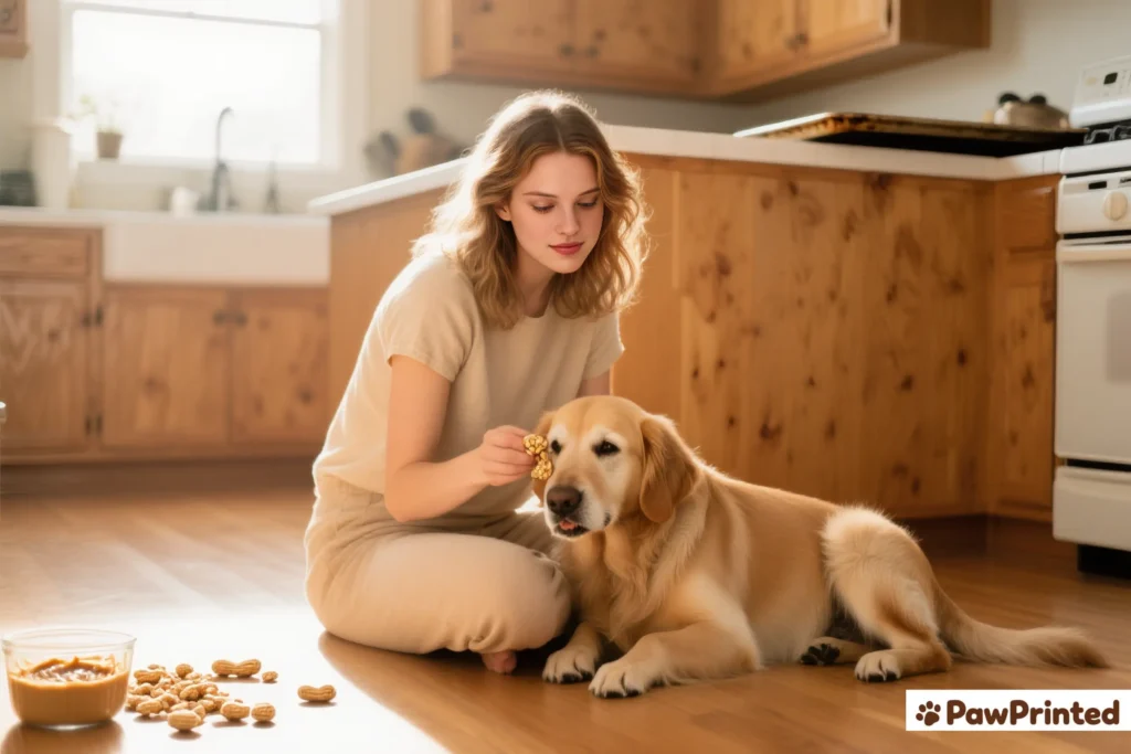 Emma giving a homemade peanut butter and oats dog treat to her dog Ethan in a cozy kitchen.