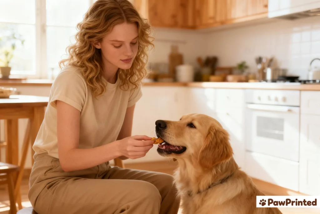 Homemade dog treats ingredients laid out on a wooden counter with a curious dog watching.