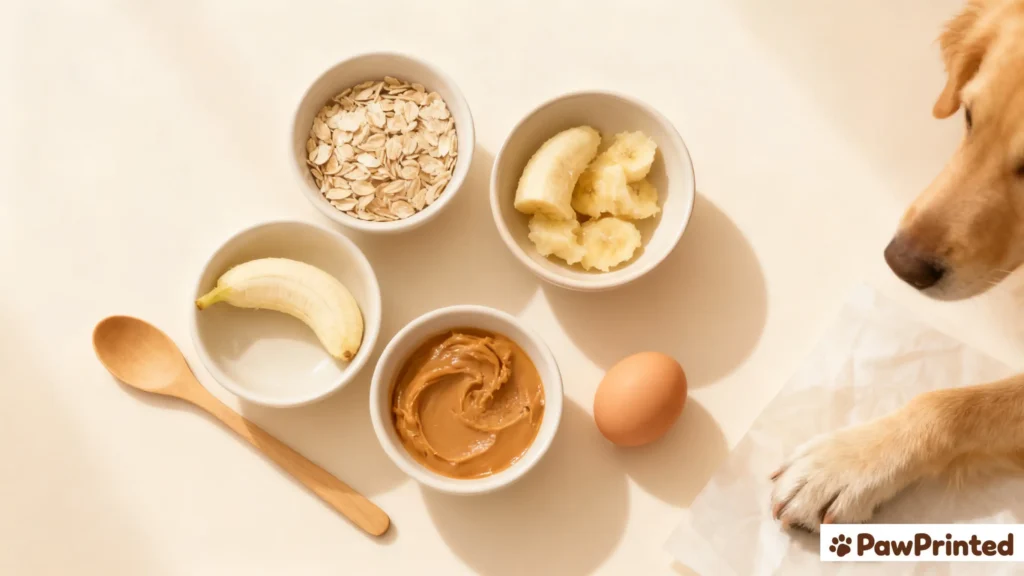 Mixing homemade dog treat dough in a bowl with a dog waiting in the background.
