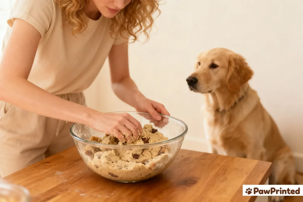 Freshly baked homemade dog treats cooling on a wire rack with a curious dog nearby.
