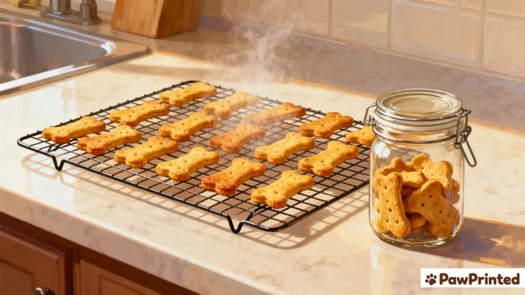 Jar of homemade duck and rice dog treats beside a patient dog.