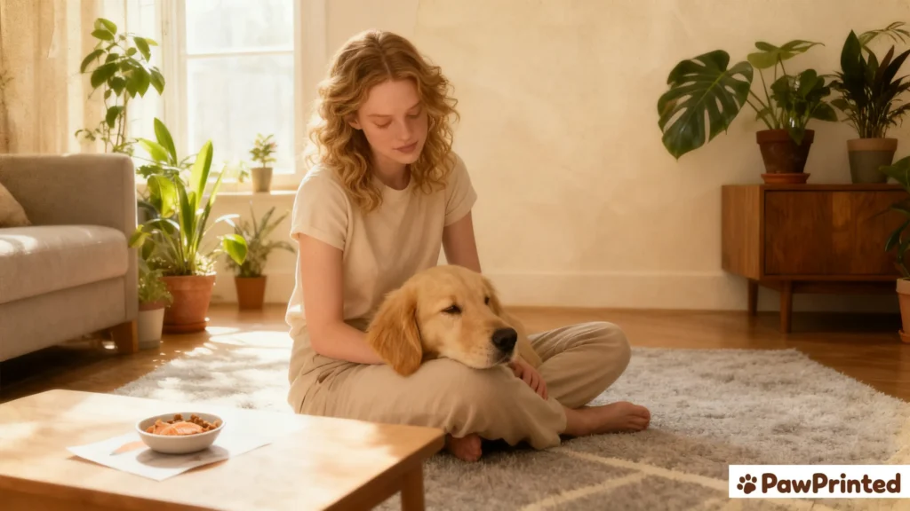 Emma serving homemade salmon dog food to Ethan in a warm kitchen with natural sunlight and a cozy family atmosphere.
