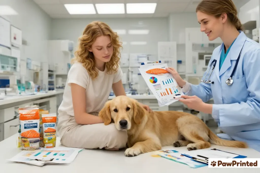 Emma talking to a veterinarian about salmon dog food nutrition while Ethan waits patiently in a calm clinic setting.