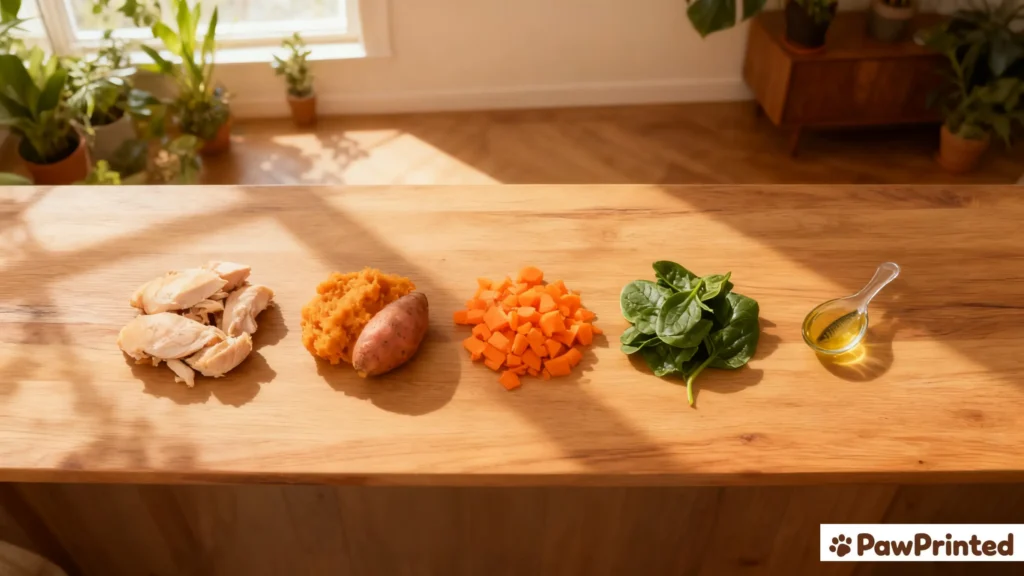 Homemade joint health dog food with chicken and sweet potato served in a ceramic bowl beside a happy dog.