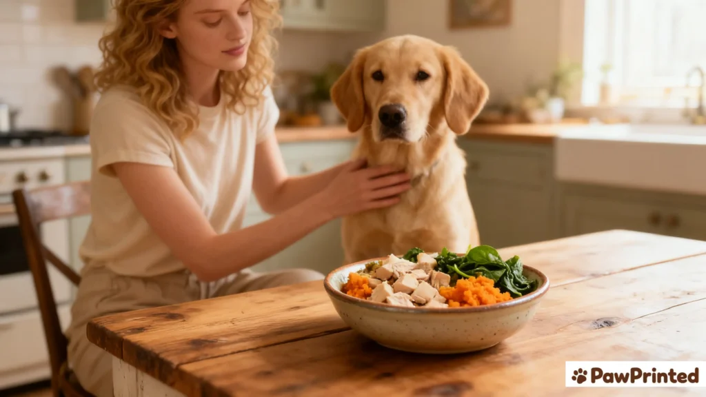 Homemade joint health dog food with chicken and sweet potato served in a ceramic bowl beside a happy dog.