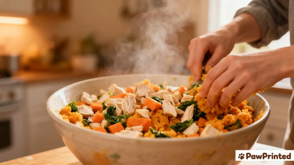 Mixing chicken, sweet potato, and vegetables to prepare homemade joint health dog food.
