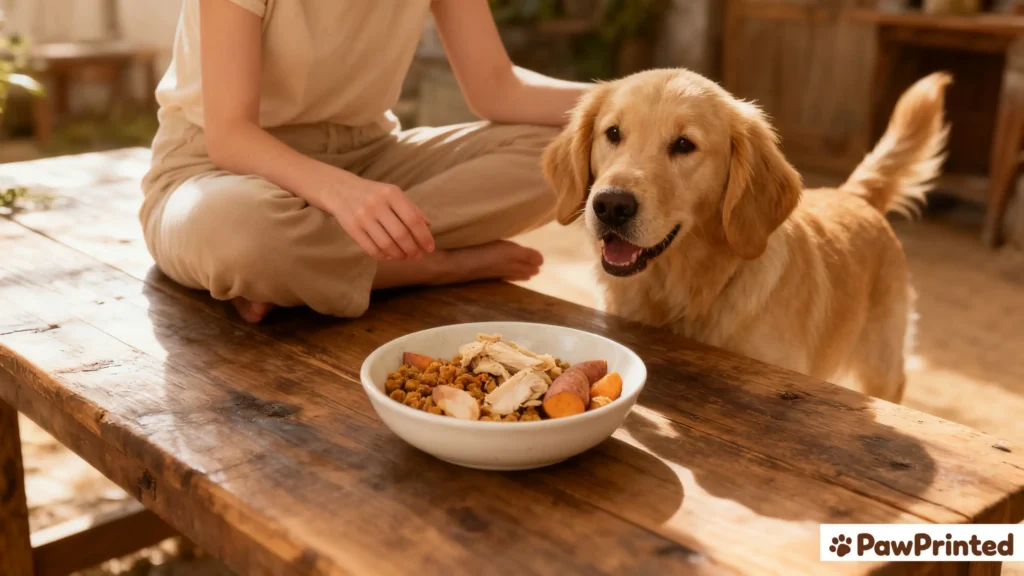 Finished chicken and sweet potato dog food recipe for joint health served in a bowl beside an eager dog.
