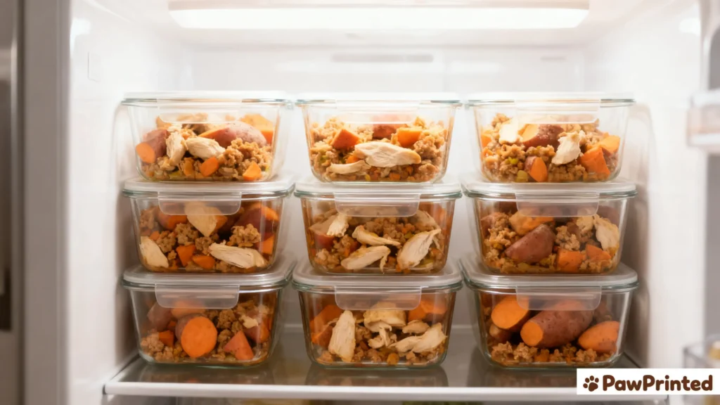 Prepared homemade joint health dog food stored in glass containers for refrigeration.
