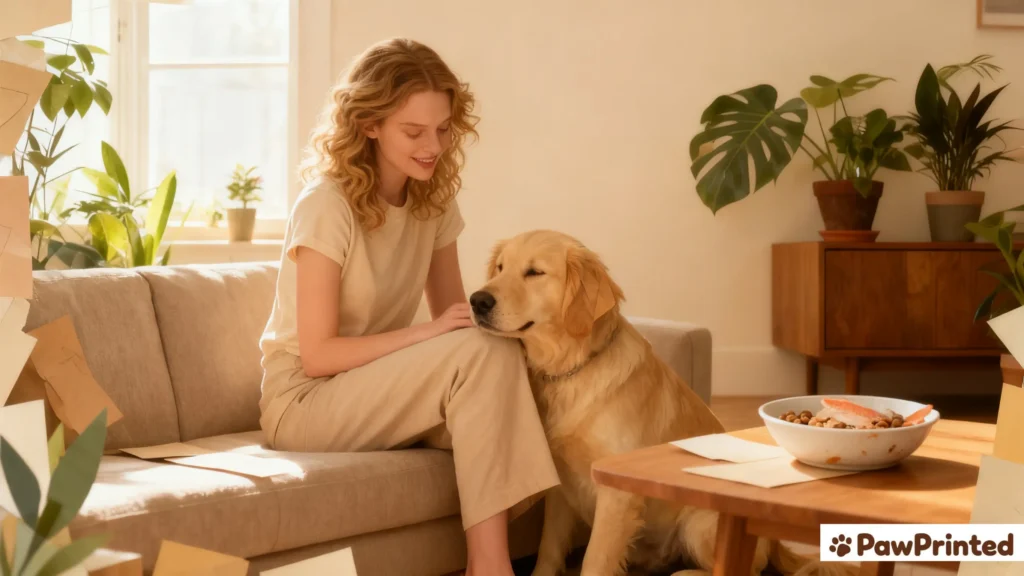 Emma preparing homemade salmon dog food for Ethan in a warm, natural kitchen scene, showing calm interaction and healthy ingredients.