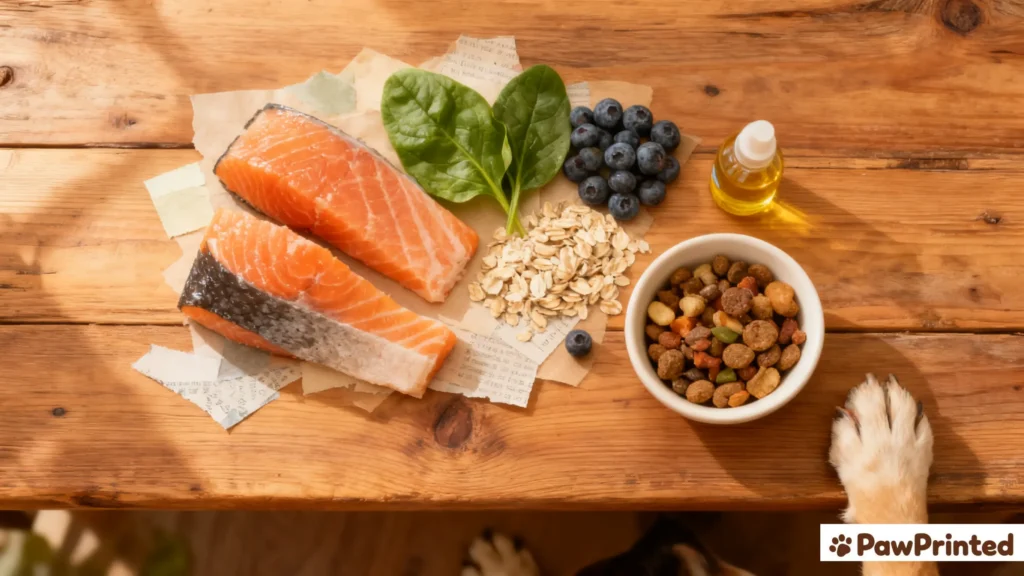  Flat lay of salmon, sweet potatoes, oats, and blueberries on a wooden board — key ingredients for sensitive dogs.