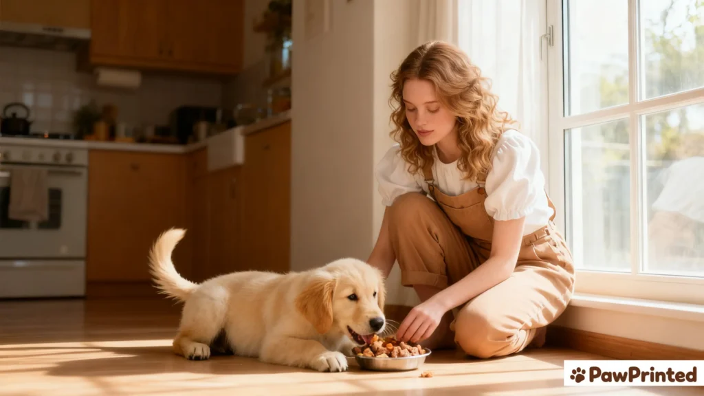 Ethan the floppy-eared light brown dog enjoying his raw food meal