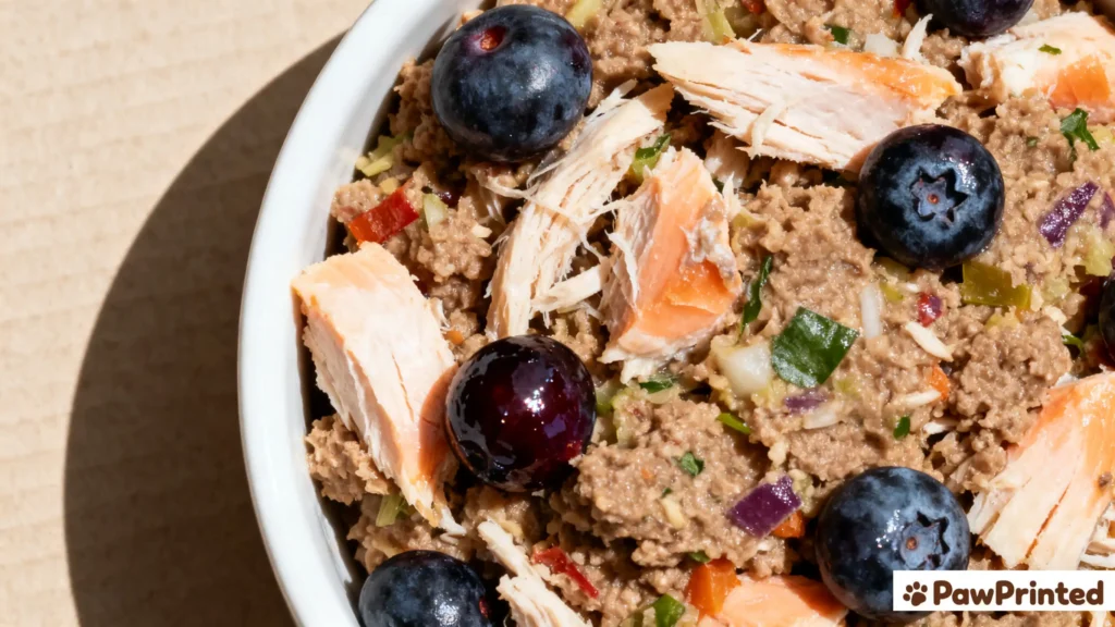 Close-up of salmon and blueberry dog food showing natural texture and colorful healthy ingredients.
