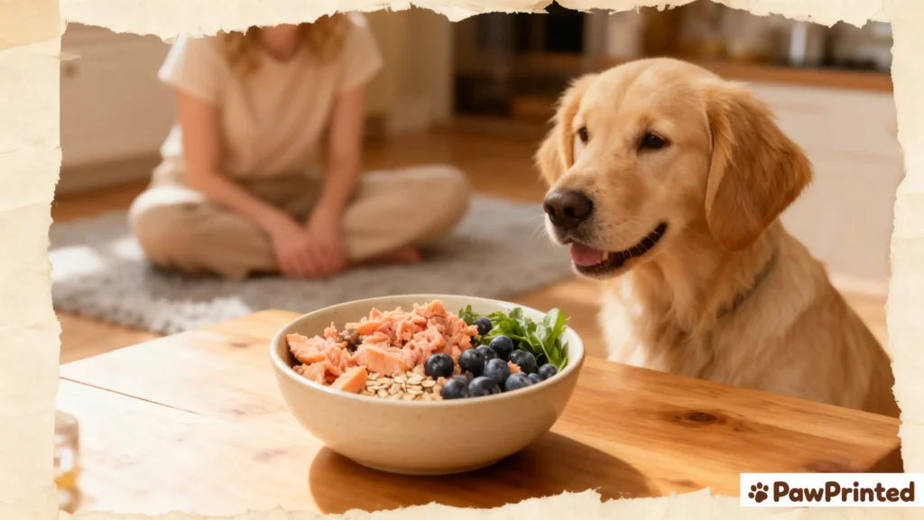 Medium-sized light brown dog eating salmon and blueberry homemade food with a happy expression.
