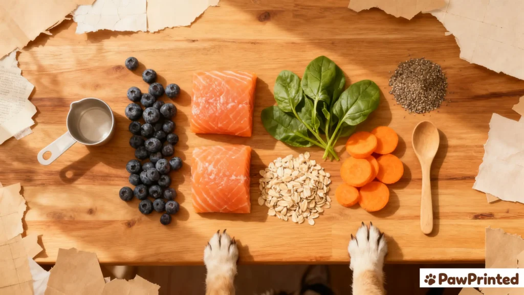 Fresh salmon, blueberries, spinach, and oats neatly arranged for a homemade dog food recipe.
