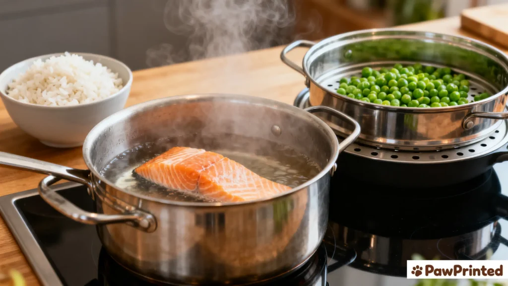 Cooking salmon dog food at home with rice and peas in stainless pots, showing steam and warm kitchen light.