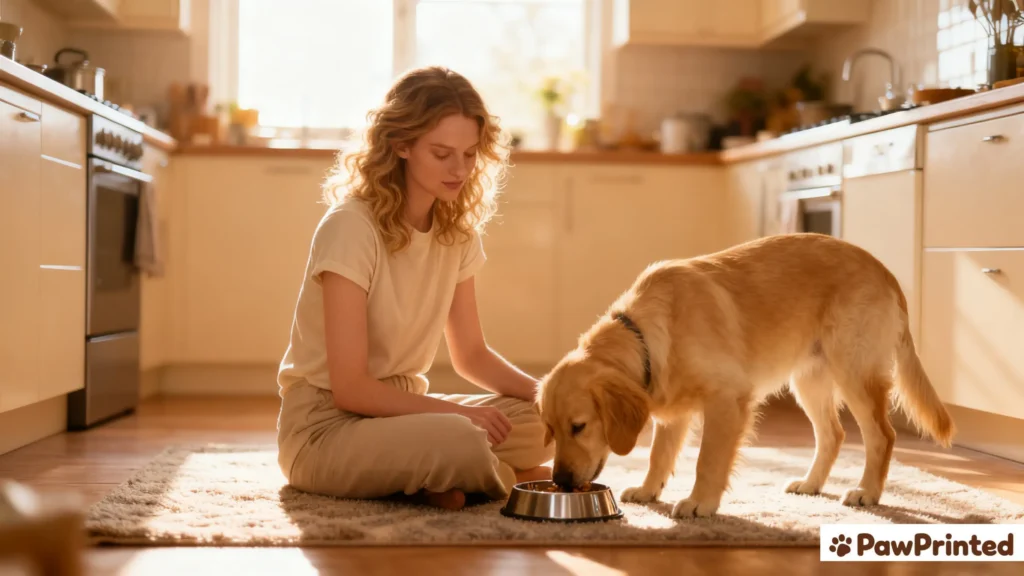 Emma placing a bowl of homemade salmon dog food in front of her happy dog Ethan on the kitchen floor.