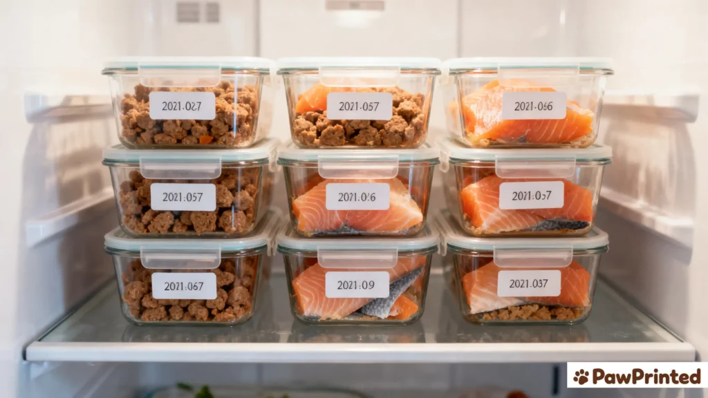 Meal-prepped salmon dog food stored in clear airtight containers with date labels for easy rotation.