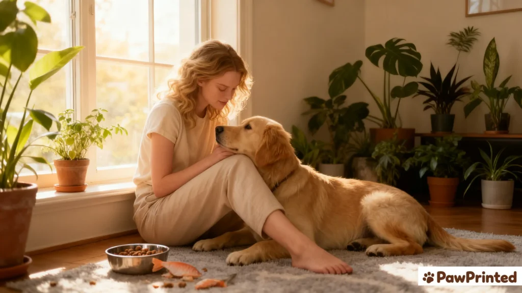 Emma and Ethan sitting by the window enjoying a quiet moment after feeding, bowl of salmon dog food beside them.