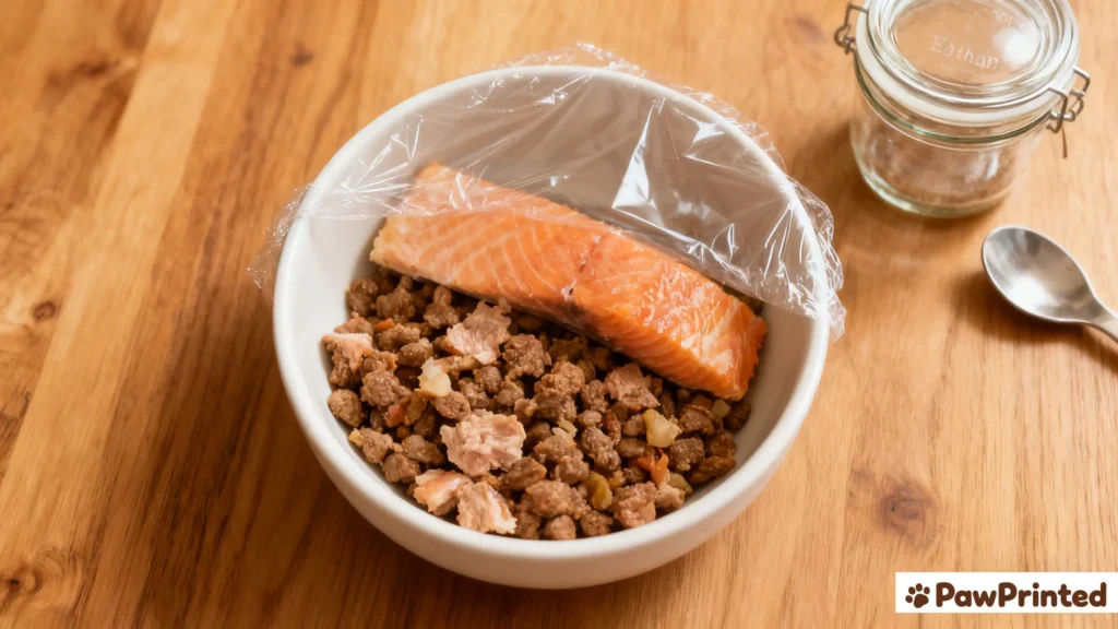 Emma mixing salmon and oats in a wooden bowl while Ethan watches nearby under soft warm kitchen light.