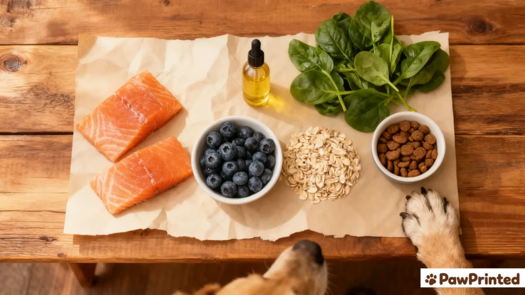 Flat lay of salmon, pumpkin, oats, and blueberries on a rustic wooden table, showing gentle and natural dog food 