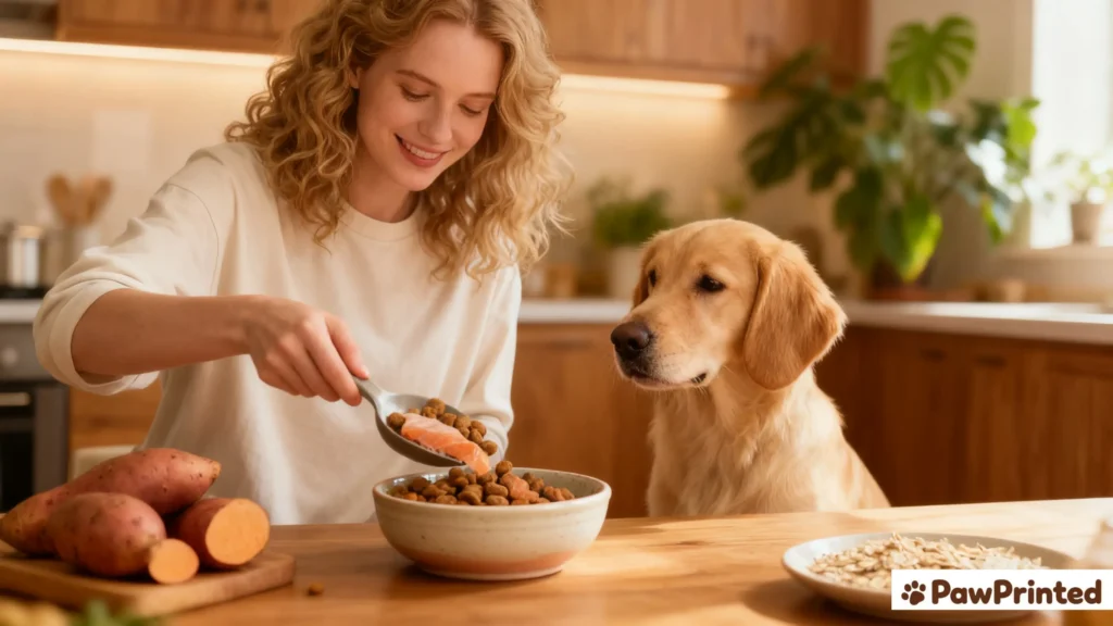 Emma feeding Ethan a bowl of salmon dog food in a cozy kitchen filled with warm daylight and gentle colors.